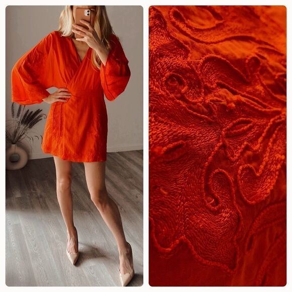 Zara Wrap Kimono Embroidered Dress Short Red New - Picture 6 of 9